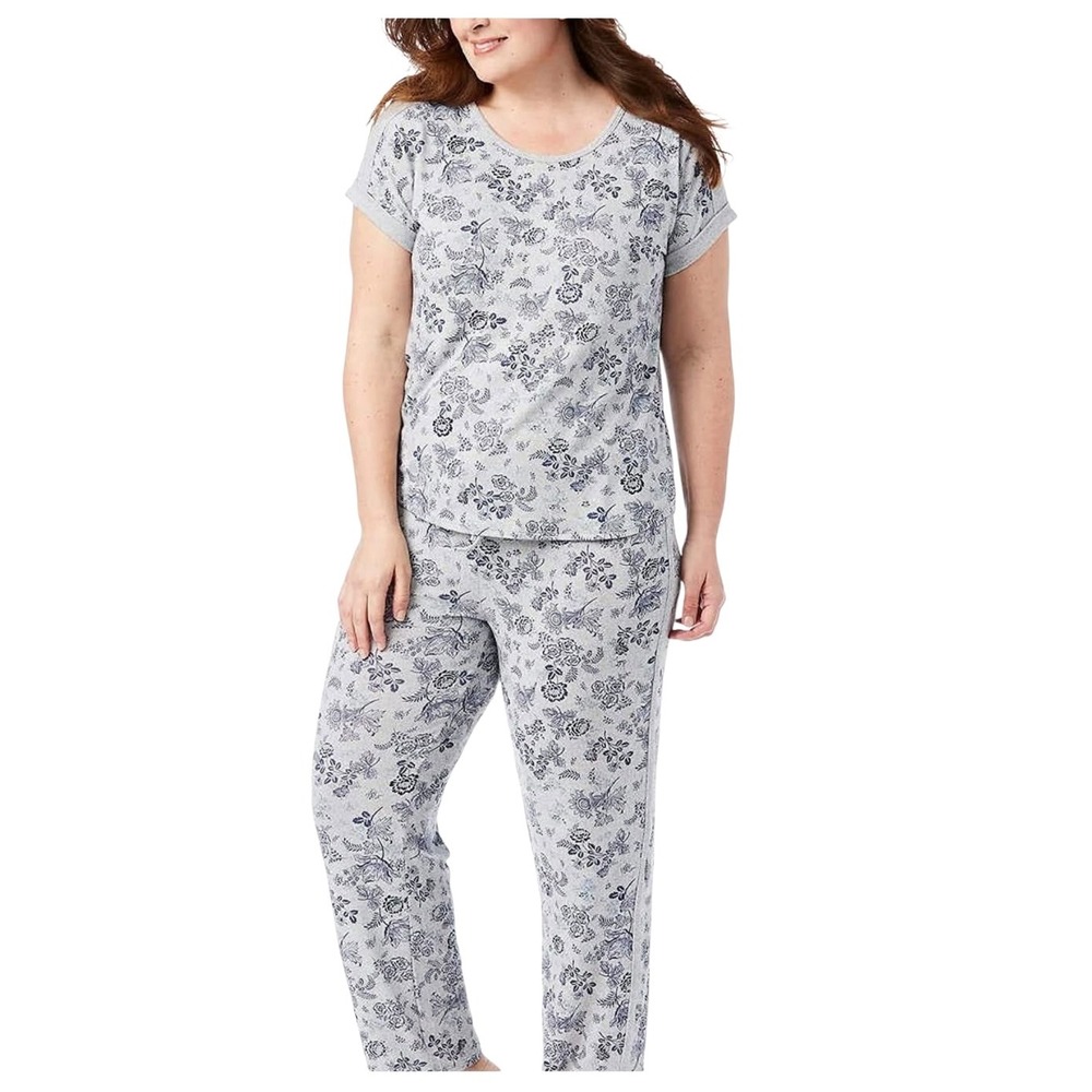 Lucky Brand Womens XXL Pajama Set Grey Blue Floral Short Sleeve Soft Lounge NEW
